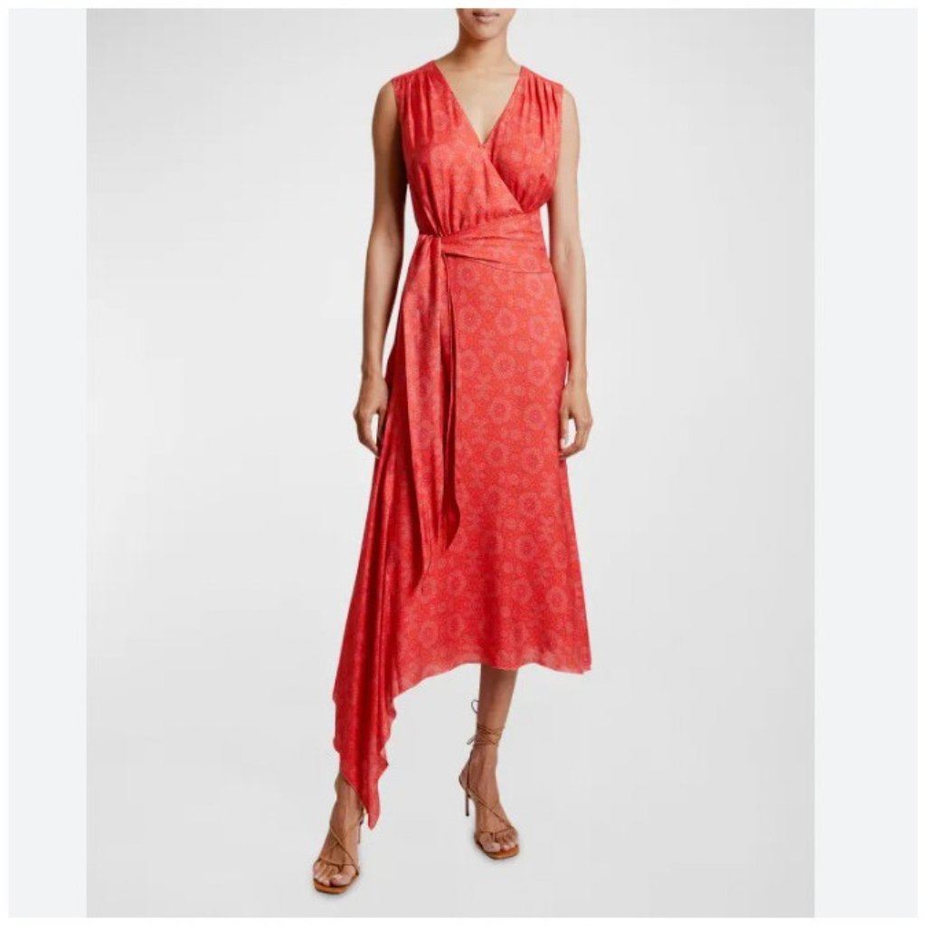 Santorelli Fara Dress Womens 10 Red Vermilion Geometric V Neck Maxi Lined